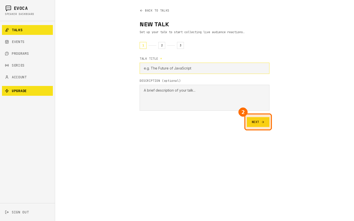 New Talk step 1 with title field and Next highlighted