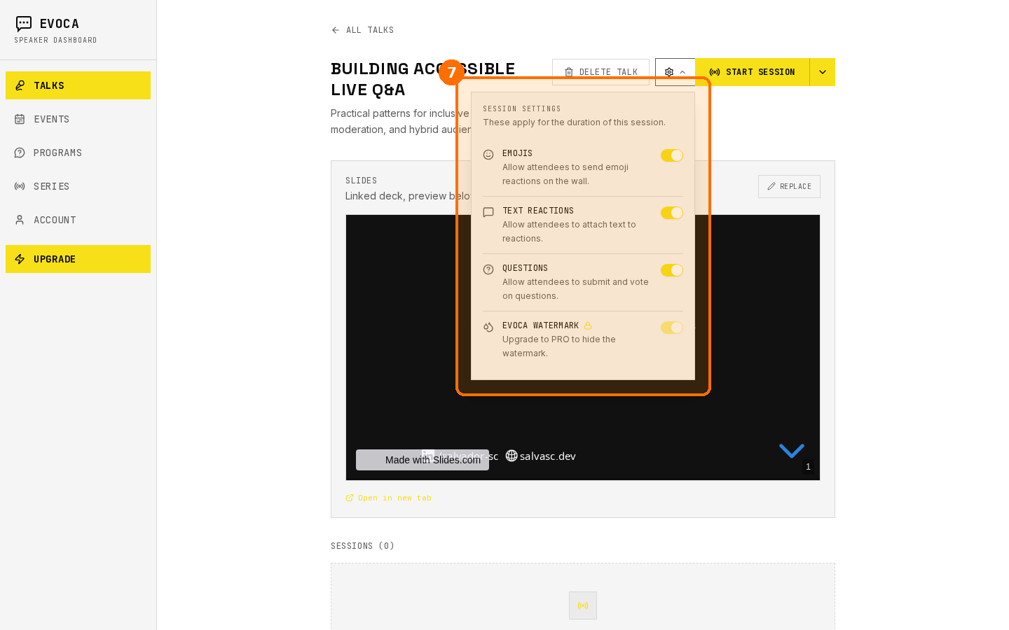 Session settings panel on the talk detail page
