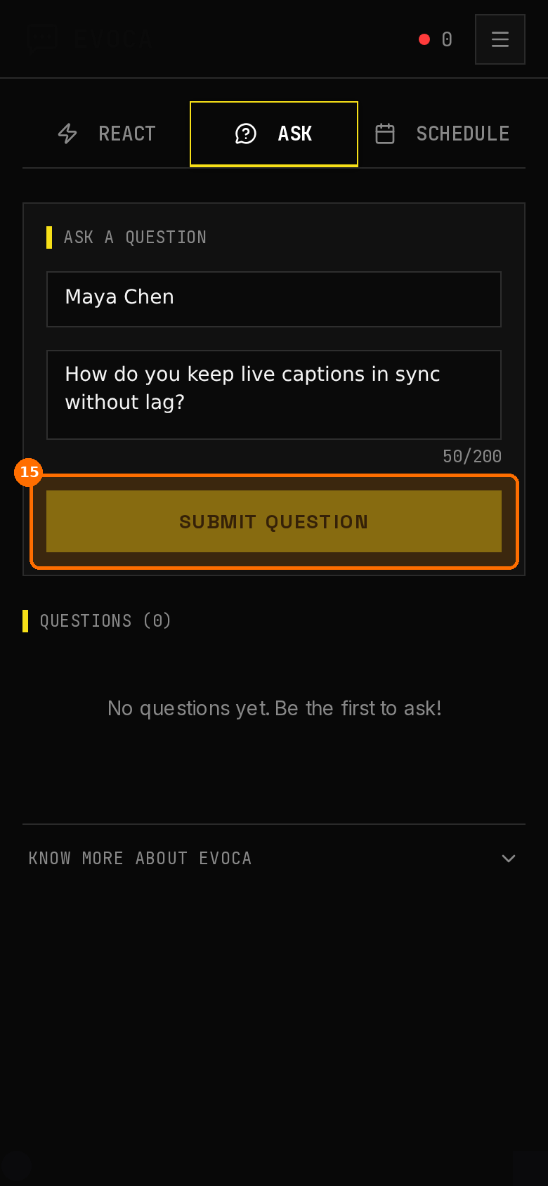 Attendee app asking a question