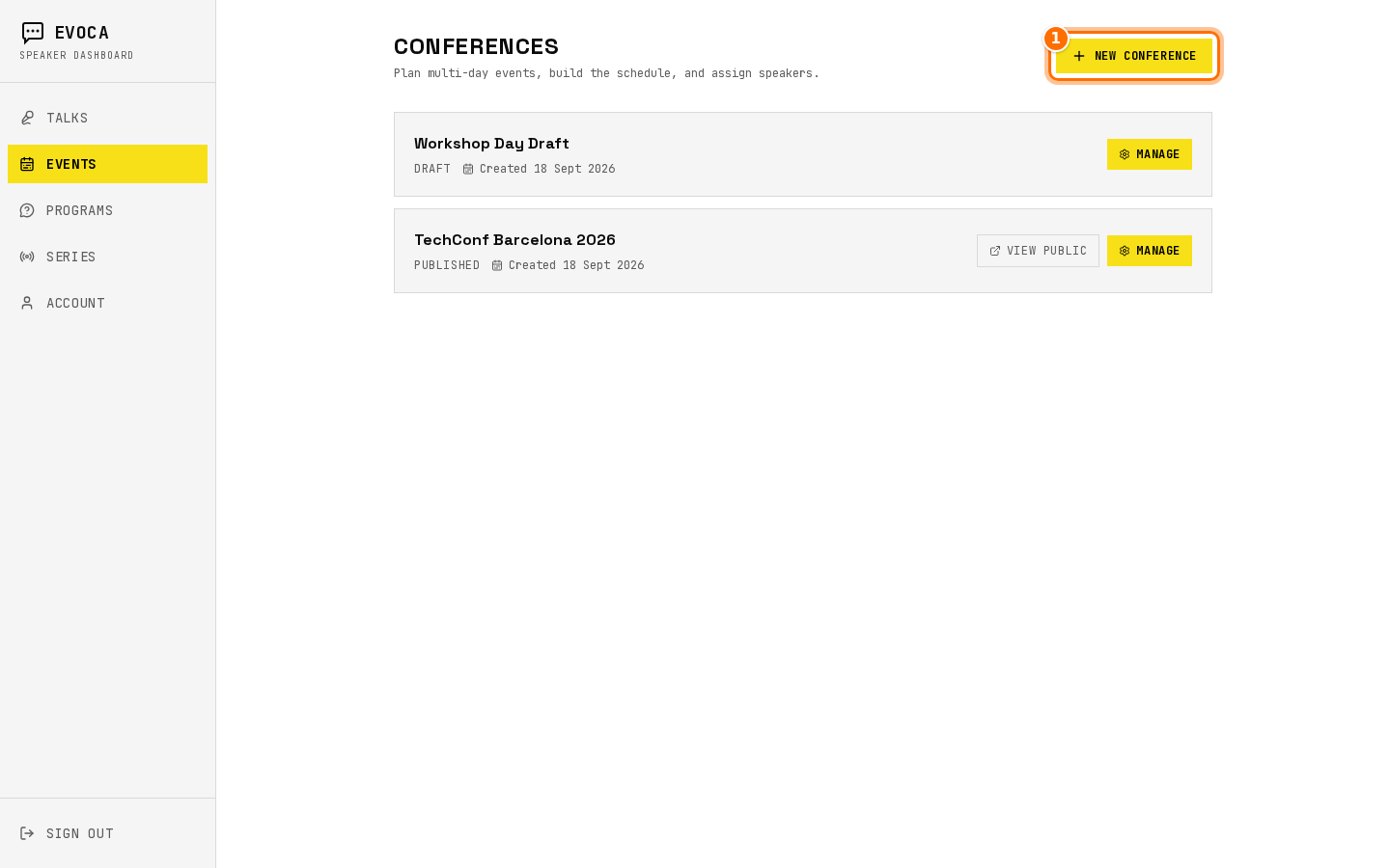 Conferences and events list in the dashboard