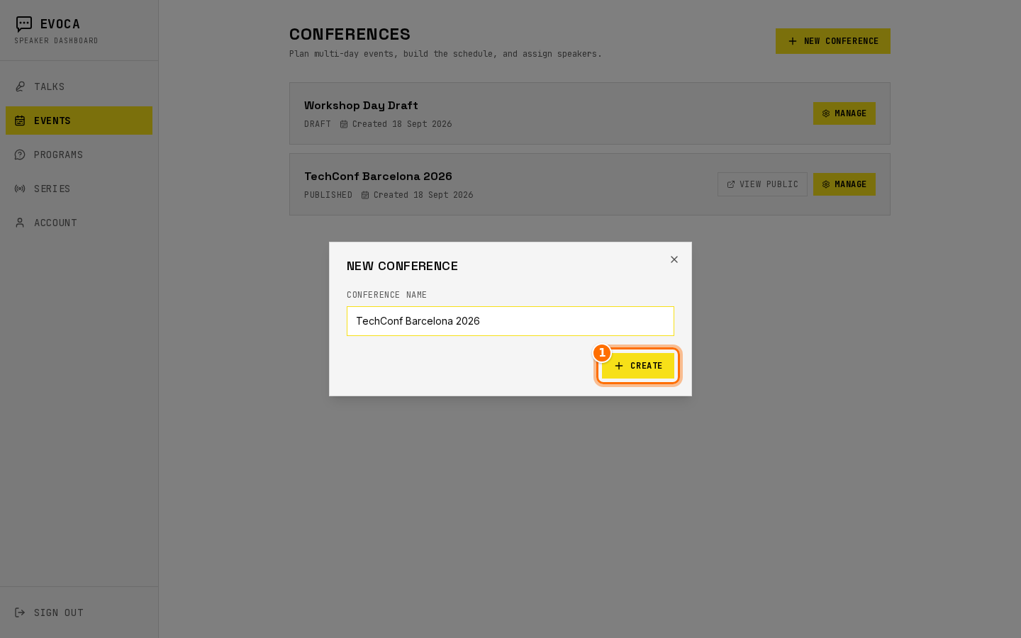 New Conference modal with name field and Create highlighted