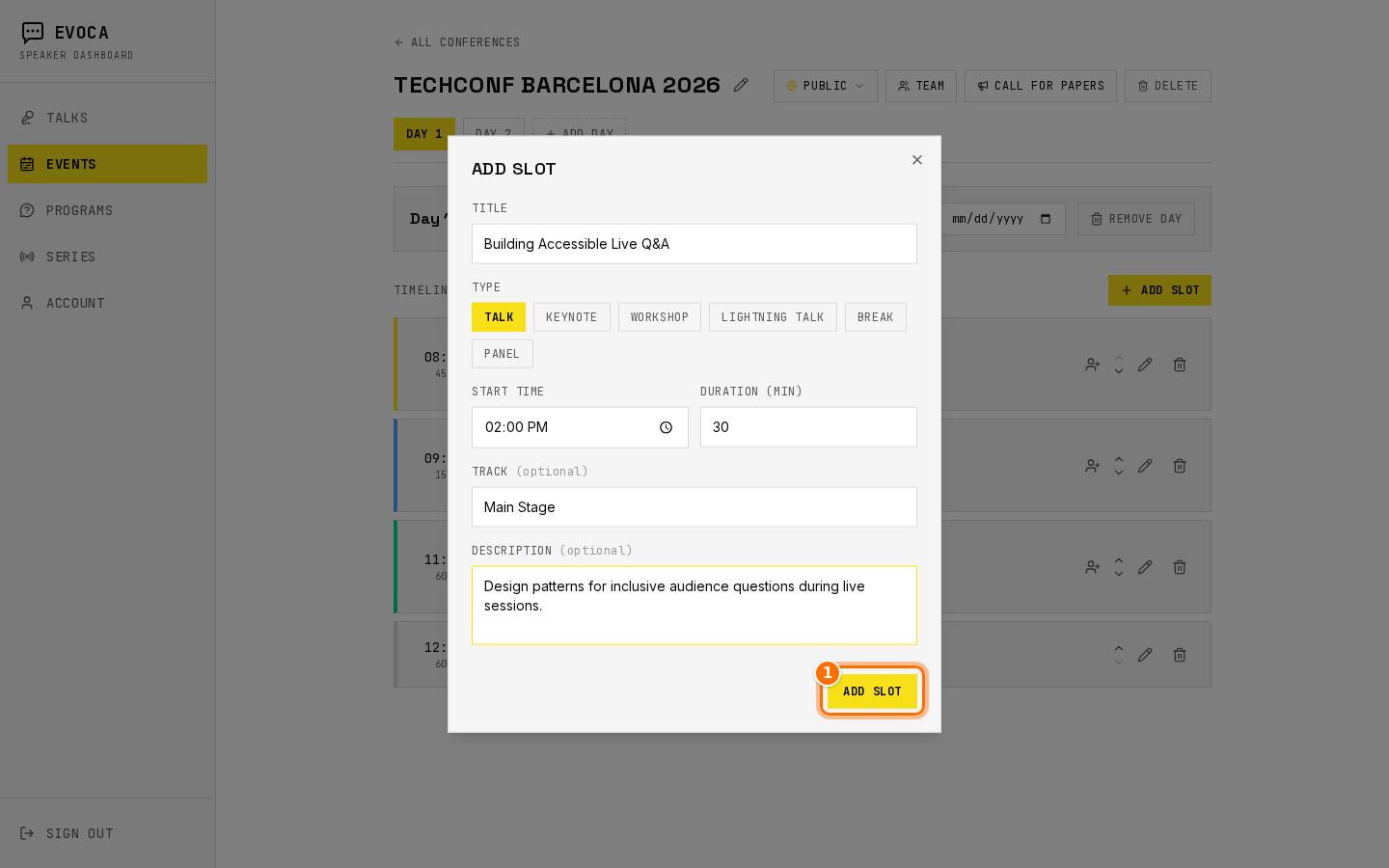 Add slot modal on the conference schedule
