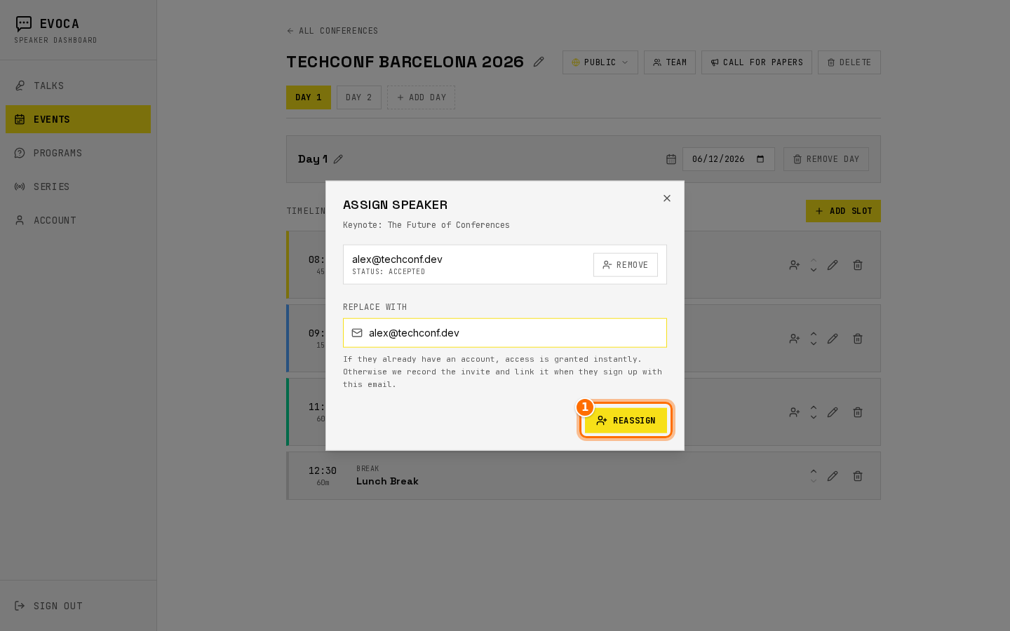 Assign speaker modal for a schedule slot with reassign CTA highlighted