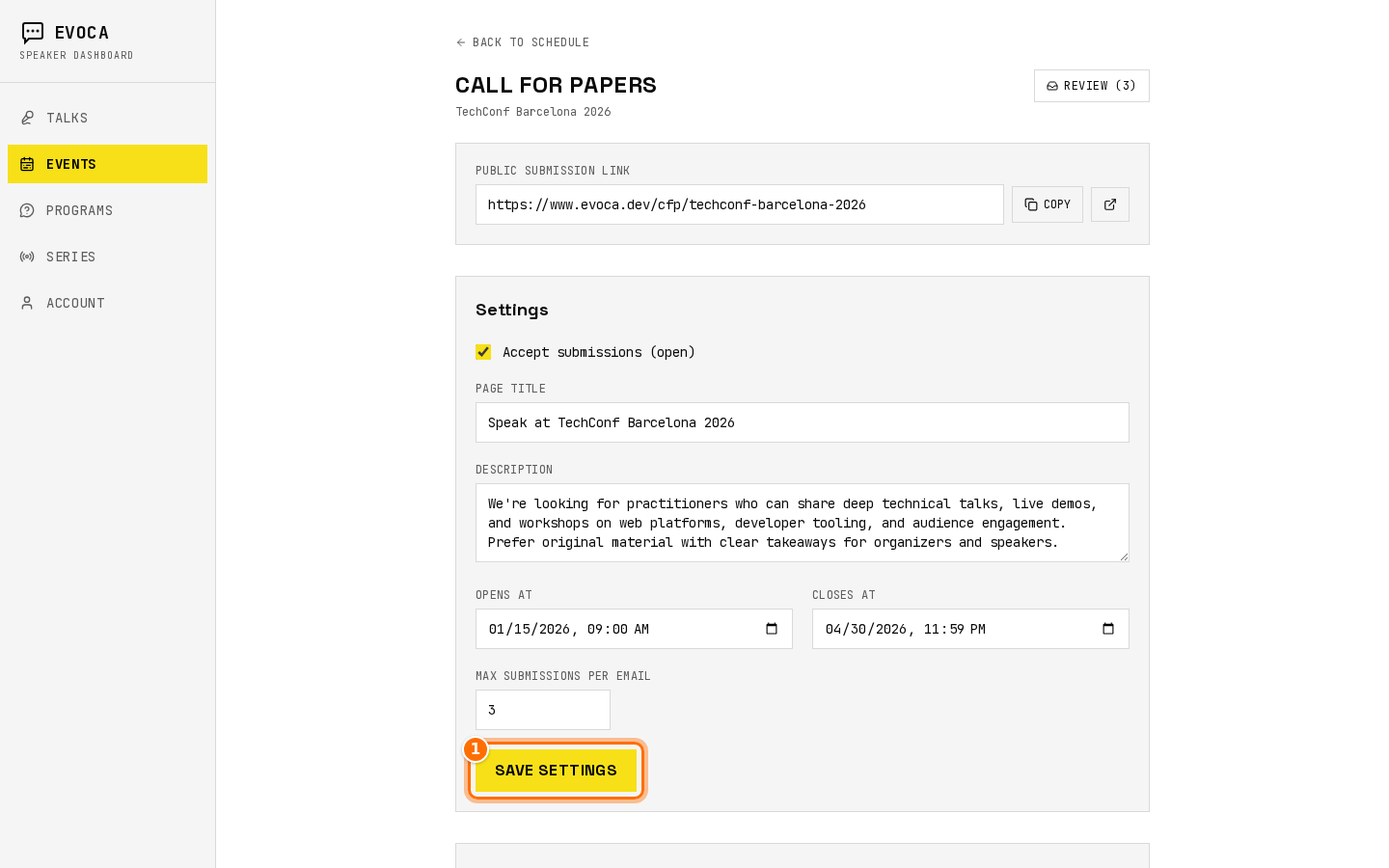 Call for papers settings