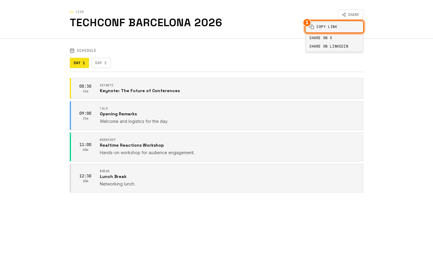 Share conference page menu with copy link
