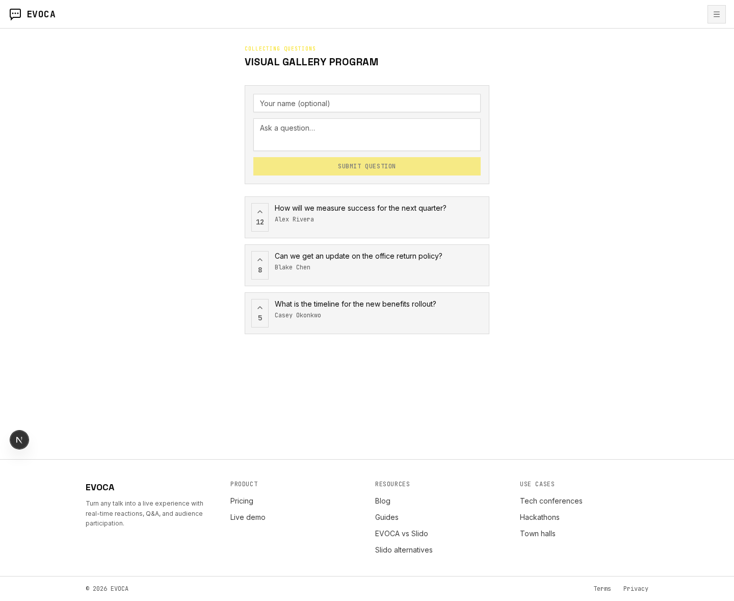 Public collect page where employees submit questions